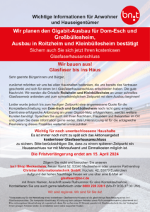 Mehr über den Artikel erfahren Statusupdate Glasfaserausbau bn:t – Quote erreicht, Ausbau startet in Kürze, Anmeldefrist für kostenlosen Anschluss verlängert